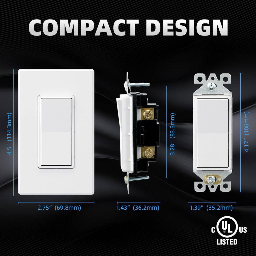 White Matte Single Pole Rocker Light Switch Set with Thermoplastic Wall Plate