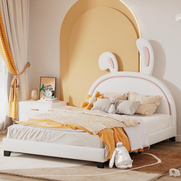 Wood Frame Full Size Platform Bed with Upholstered Rabbit Ornament Headboard,White