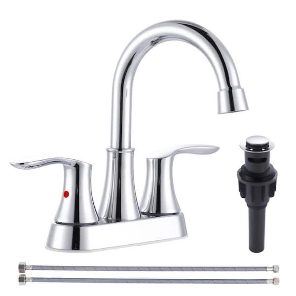 4 in. Centerset Double Handle High Arc Bathroom Faucet with Drain Kit and Cupc Supply lines Included in Polished Chrome