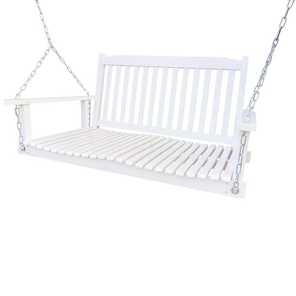 Zeus & Ruta 2-Person Wood Porch Swing in White with Hanging Chains, for Outdoor Patio, Garden Yard, porch, backyard or sunroom