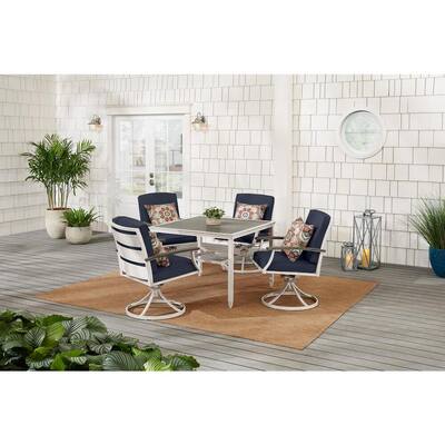 Marina Point 5-Piece White Steel Outdoor Dining Set with CushionGuard Midnight Blue Cushions and Painted Steel Tabletop