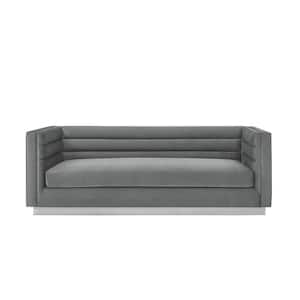 Annemarie 34in Width Square Arm Style Upholstered Velvet Tufted Straight in Shape 3-Seat Sofa in Dary Gray