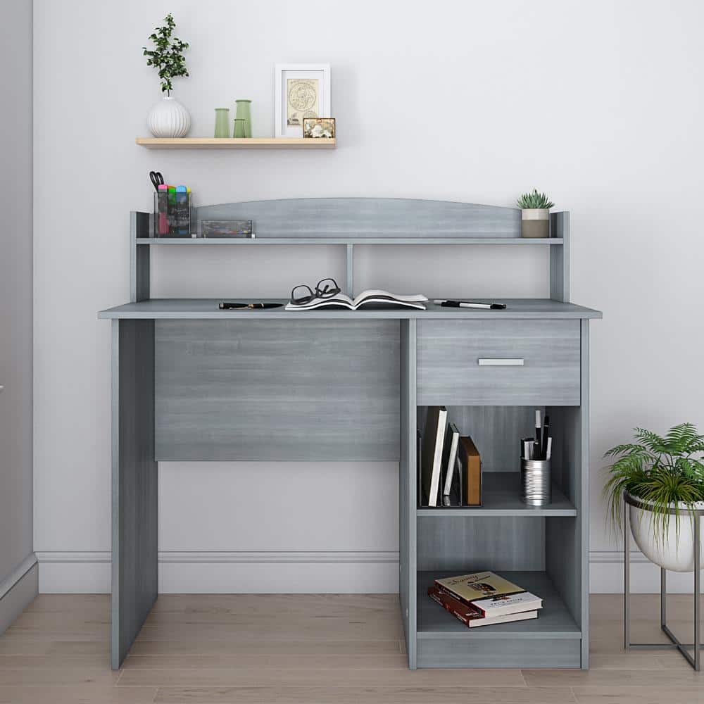 Modern Gray Heavy-duty MDF Office Desk with Hutch and Drawer