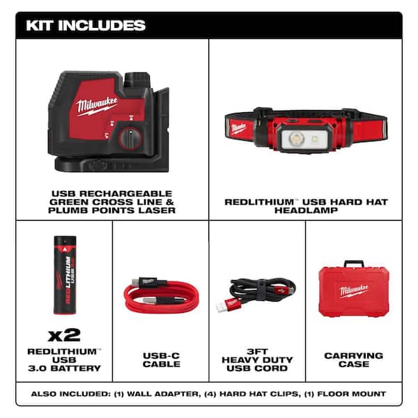 Green 100 ft. Cross Line & Plumb Points Rechargeable Laser Level with REDLITHIUM USB Battery, Charger, and LED Headlamp