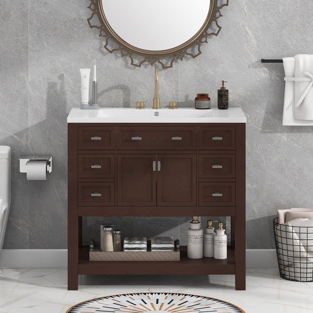 36 in. W x 18 in. D x 34 in. H Freestanding Bath Vanity in Brown with White