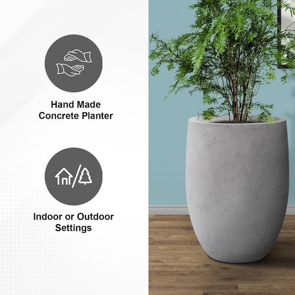 21.7"H Natural Concrete Tall Planter, Large Outdoor Indoor Decorative Pot w/Drainage Hole and Rubber Plug, Modern Round