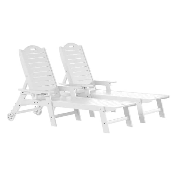Brighton Outdoor Patio White Poly Plastic Set of 2 Reclining Chaise Lounge Cup Holder Pool Chairs w/ Wheels