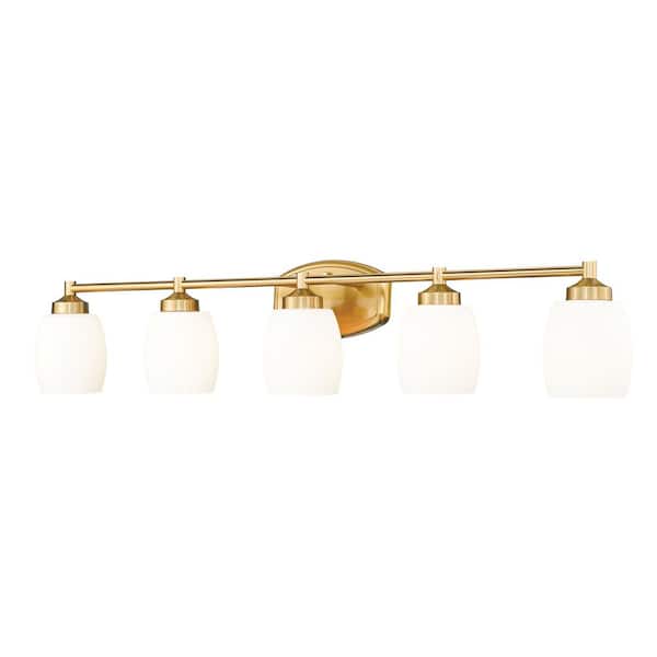 Unbranded Kendrick 39.25 in. 5-Light Luxe Gold Vanity-Light with Matte Opal Glass Shade