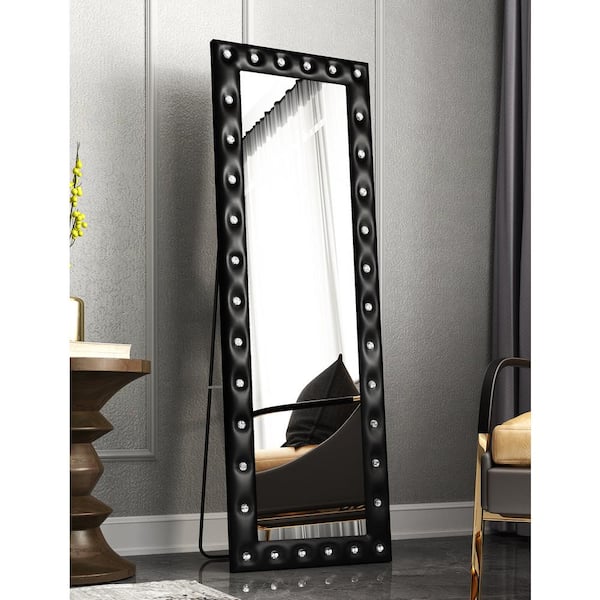 KOHROS 56 in. x 3 in. Modern Rectangle Leather Black Framed Standing Mirror.