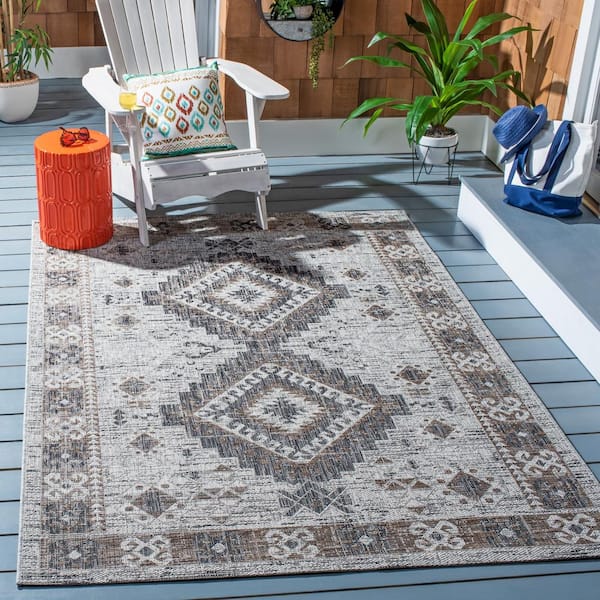 Courtyard Light Gray/Light Beige 9 ft. x 12 ft. Border Aztec Medallion Indoor/Outdoor Patio  Area Rug