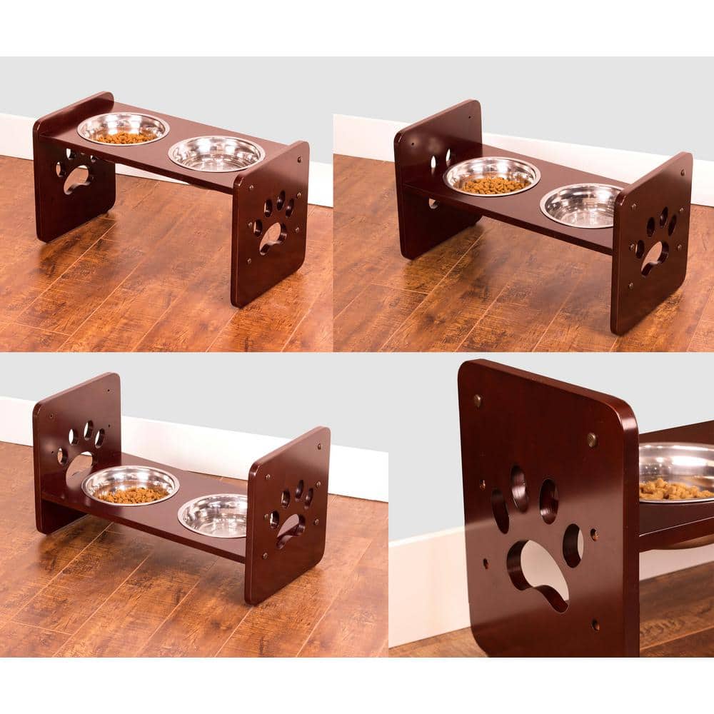 Adjustable Brown Elevated Pet Feeder with Stainless Steel Bowls