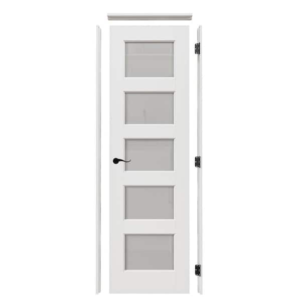24 in. x 80 in. 5-Lite Frosted Glass Left White Solid Core Wood Single Interior Door with Quick Assemble Jamb