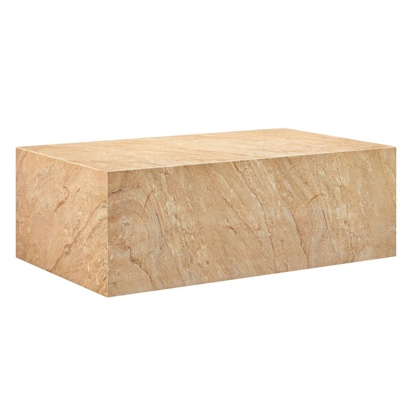 MODWAY Jordana 47 Inch Rectangle Concrete Coffee Table in Travertine-Plinth Coffee Table with Faux Stone Finish