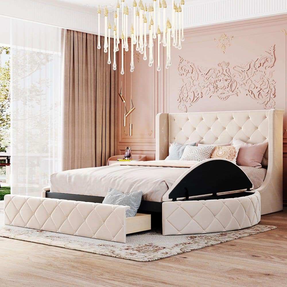 Beige Wood Frame Queen Upholstered Platform Bed with Wingback Headboard, 2-Side Storage Stool and 1-Big Drawer