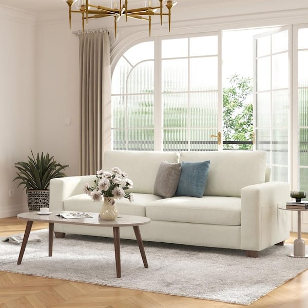 Belvedere Modern 86 in. Wide Square Arm Chenille Upholstered Rectangle Sofa in Beige