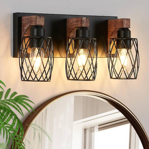 GMGSROM 18 in. 3-Light Black Vanity Light with Wood Accents and Drum Metal Cage Shade