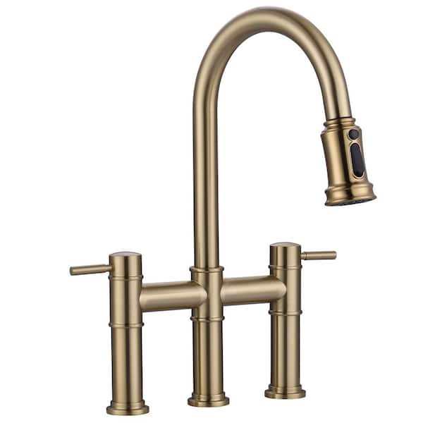 Double Handle Pull-Down High Arc Bridge Kitchen Faucet with Stainless Steel in Brushed Gold