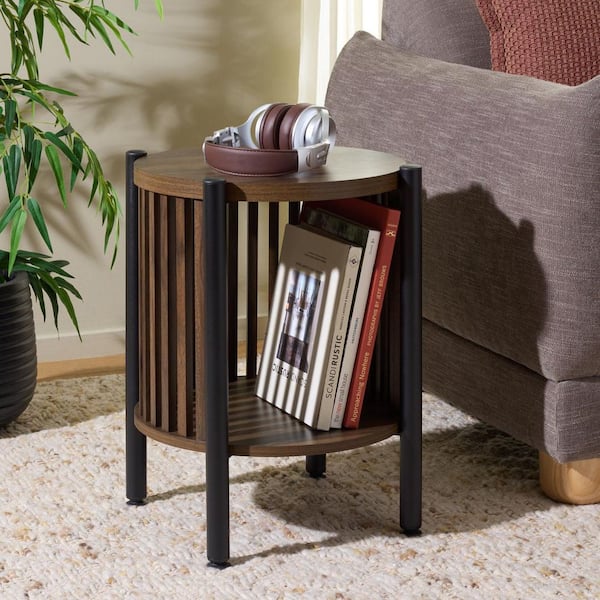 Marami 18.3 in. Walnut/Black Round Wood End Table