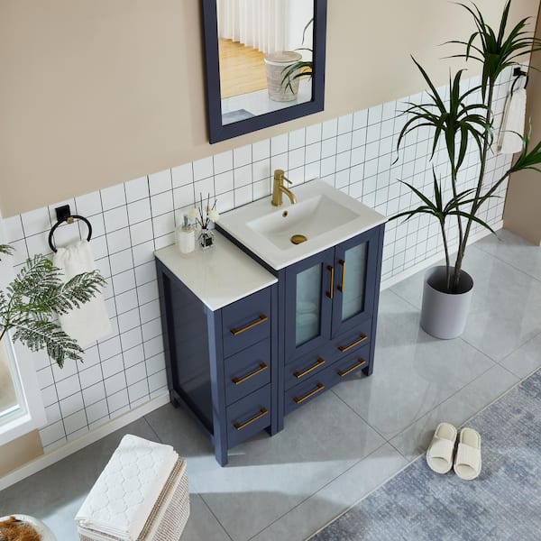 Vanity Art Brescia 36 in. W x 18.1 in. D x 35.8 in. H Single Basin Bathroom Vanity in Blue with Top in White Ceramic and Mirror