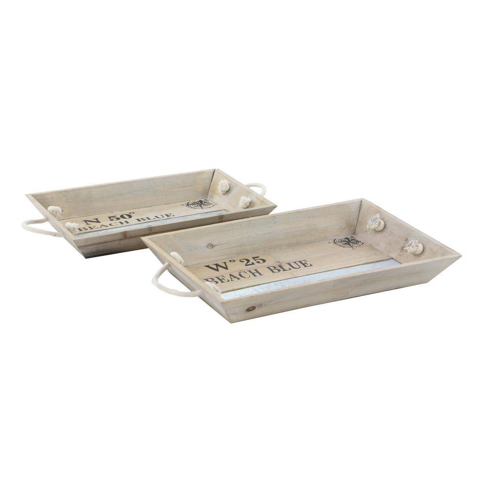 Coastal Charm White Wood Rectangular Tray Set with Metal Accents, 19" x 12"