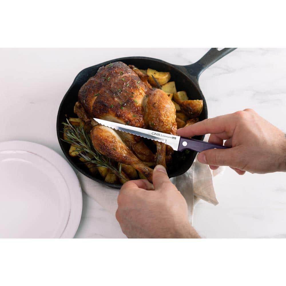 Ginsu Kiso Dishwasher Safe 14pc Knife Block Set Natural with Purple Handles: Stainless Steel Cutlery, Kitchen Knives