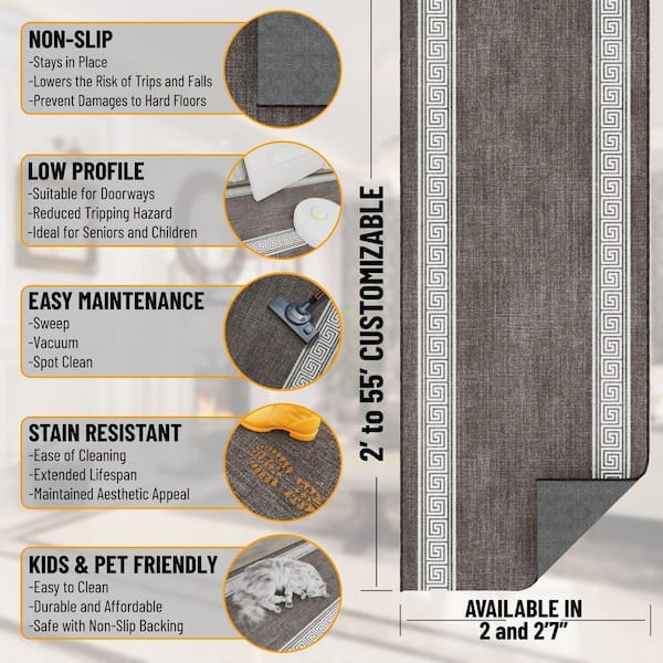 Ascend Non-Slip Rubberback Greek Border Brown 2 ft. x 29 ft. Indoor Custom Cut Extra Long Runner Rug