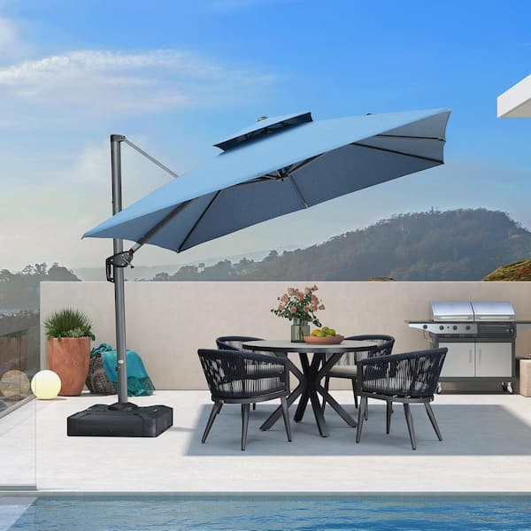 10 ft. Square Sunbrella Double Top Outdoor Aluminum 360° Rotation Cantilever Patio Umbrella in Denim Blue