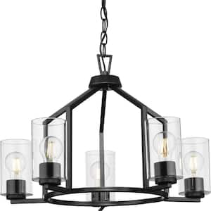 Goodwin 24 in. 5-Light Matte Black Modern Farmhouse Chandelier with Clear Glass Shade