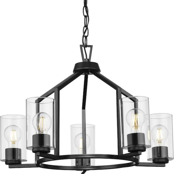 Progress Lighting Goodwin 24 in. 5-Light Matte Black Modern Farmhouse Chandelier with Clear Glass Shade