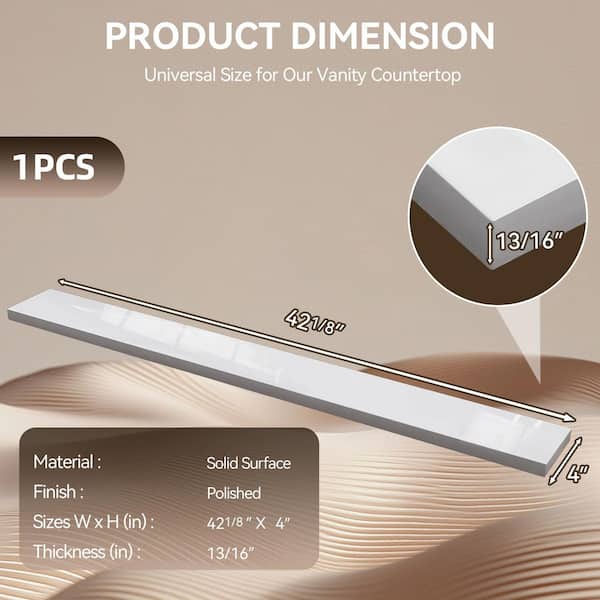 42 in. White Solid Surface Vanity Backsplash 4 in. High Splash Guard Rear Splash for Bathroom Sink Countertop