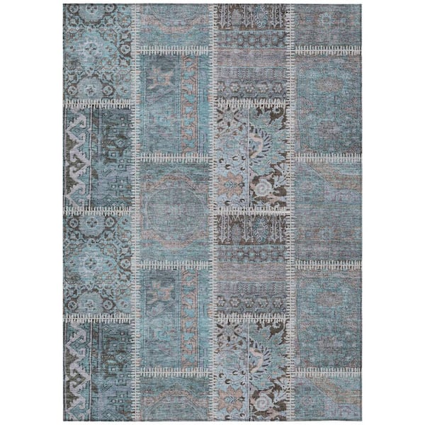 HomeRoots Teal Blue, Aqua, Beige 5 ft. x 8 ft. Woven Plaid Polyester Rectangle Indoor/Outdoor Area Rug