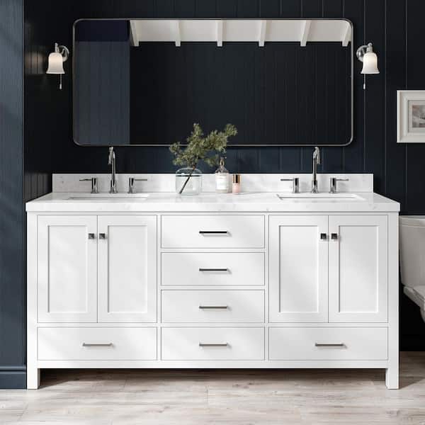 Cambridge 72 in. W x 22 in. D x 36 in. H Double Rectangle Sink Bath Vanity in White with Carrara White Quartz Top