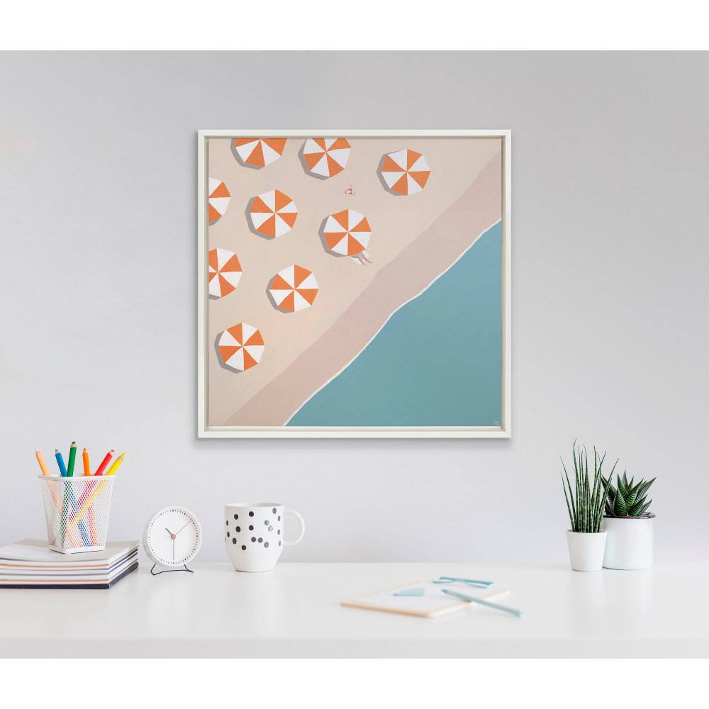 Beachside Umbrellas Coastal Canvas Art in White Frame