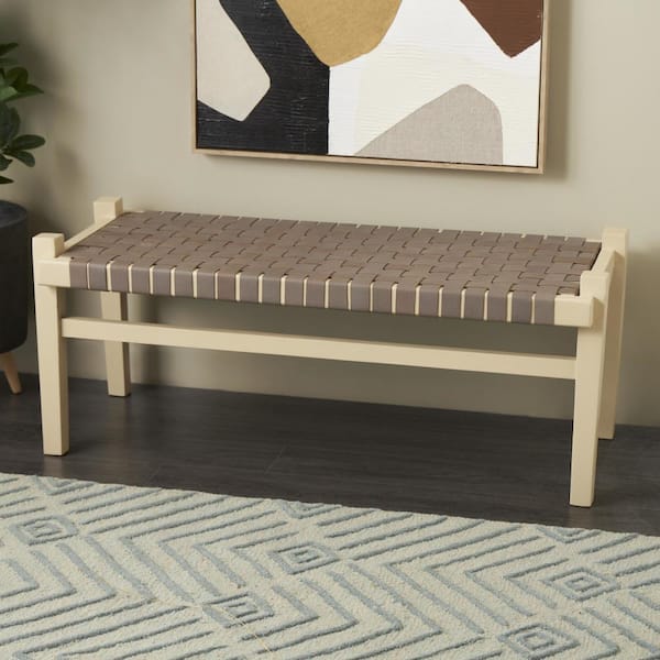 Litton Lane Dark Brown Handmade Woven Seat Dining Bench with Beige Wood Base 19 in. x 48 in. x 20 in.