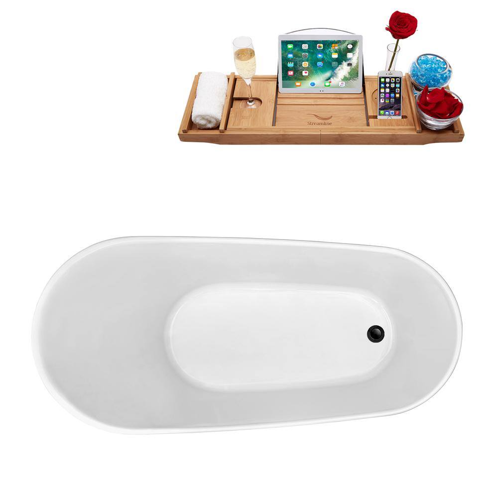 63" Glossy White Acrylic Oval Freestanding Soaking Tub with Bamboo Tray
