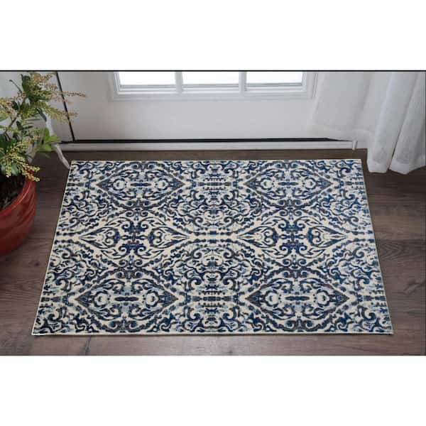 HomeRoots Blue Ivory And Black 2 ft. x 4 ft. Floral Area Rug