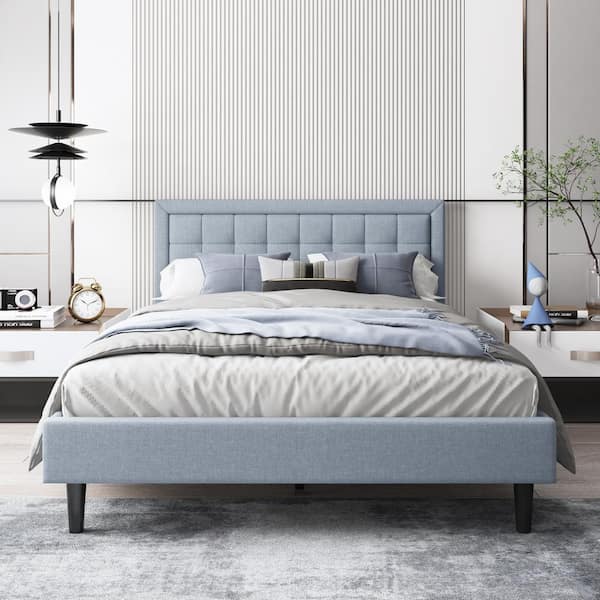 Ziruwu Full Upholstered Bed Frame With, Light Gray Fabric Headboard
