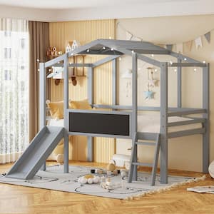 Gray Wood Frame Twin Size House Loft Bed with Slide, Blackboard and Light Strip on the Roof