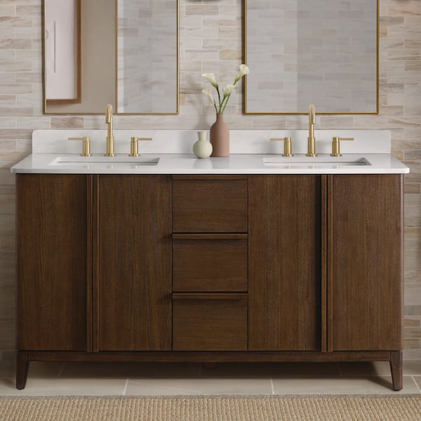 Sellan 61 in. Double Sink Dark Walnut Bath Vanity with Calacatta White Quartz Top (Assembled)
