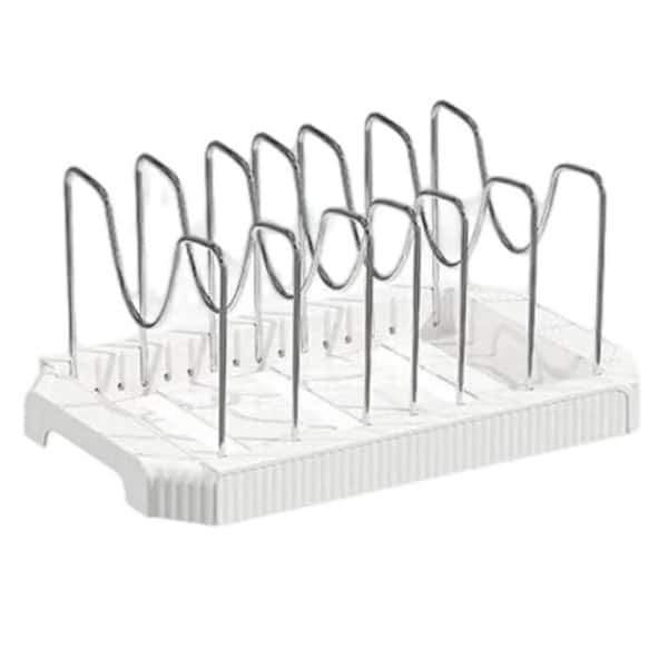 White Adjustable Expandable Rack Pot Rack Organizer with 7 Dividers for Kitchen Cabinet or Under Sink Storage