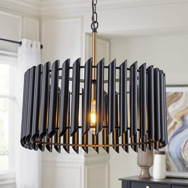 22.4 in. 1-Light Industrial Matte Black Drum Pendant Light Metal Chandelier for Dining Room/Bar