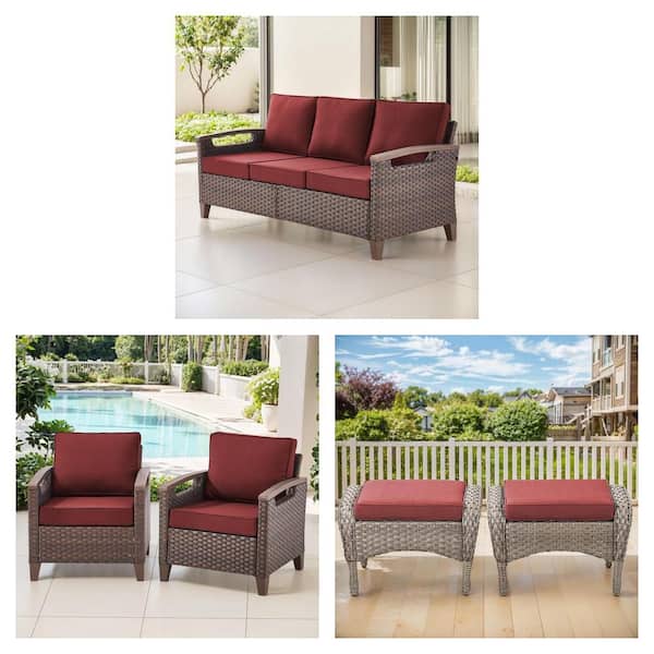 Brown Wicker Outdoor Sofa, Lounge Chair (2-Pack), Gray Ottoman (2-Pack) with Red Cushions Combo