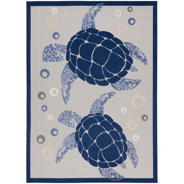 Aloha Navy Blue 9 ft. x 12 ft. Coastal Sea Turtle Contemporary Indoor/Outdoor Patio Area Rug