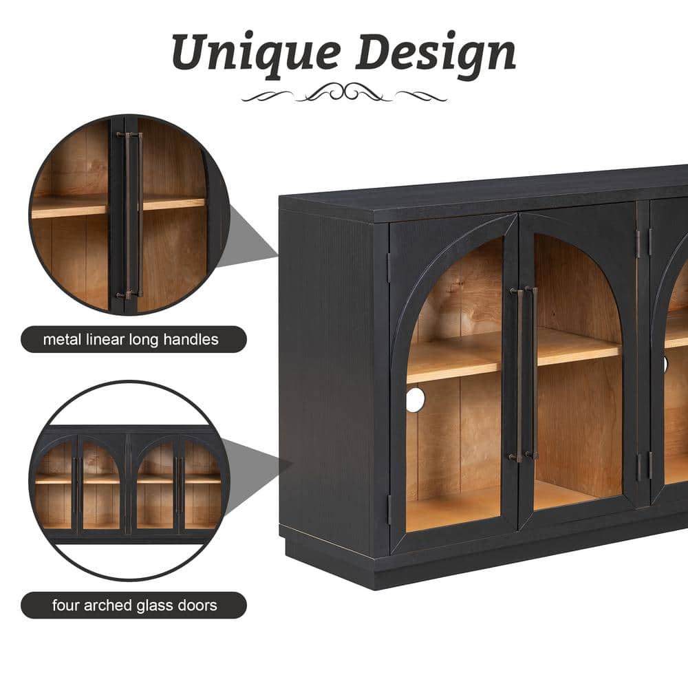Retro Black Solid Wood 60" Sideboard Buffet Cabinet with Glass Doors