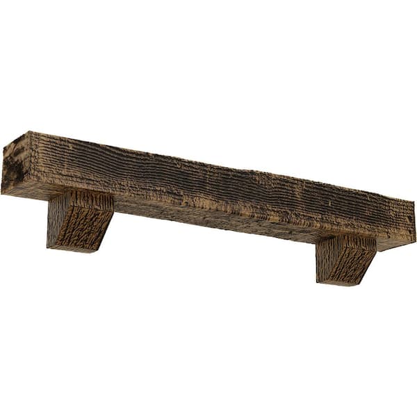 Ekena Millwork 4 in. x 4 in. x 4 ft. Rough Sawn Faux Wood Fireplace Mantel Kit, Ashford Corbels, Natural Golden Oak