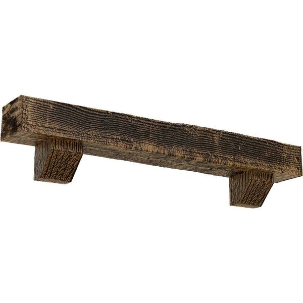 Ekena Millwork 8 in. x 12 in. x 7 ft. Rough Sawn Faux Wood Fireplace Mantel Kit, Ashford Corbels, Natural Golden Oak