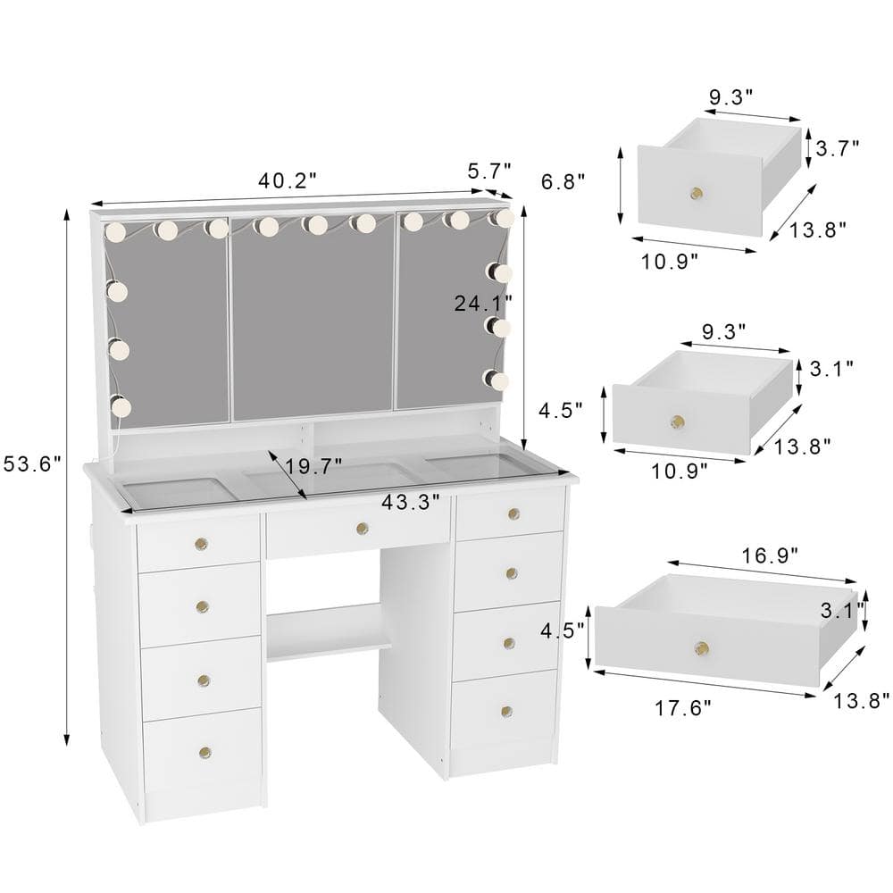 White Makeup Vanity Desk 9-Drawers Wood Dressing Table With 3 Mirrors, Glass Top, Hidden Storage Shelves, LED Bulb Light - thumbnail 3