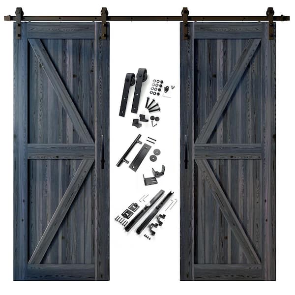 HOMACER 30 in. x 96 in. K-Frame Navy Double Pine Wood Interior Sliding Barn Door with Hardware Kit, Non-Bypass