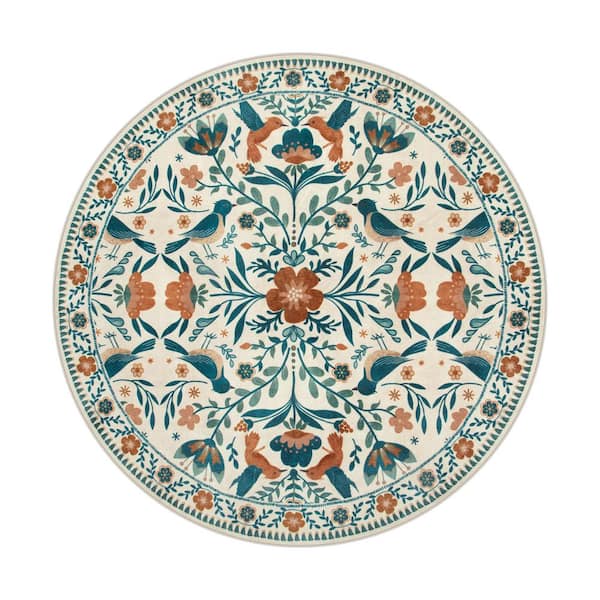 Goldene Boho 6 ft. x 6 ft. Beige Botanical Floral Washable Round Area Rug