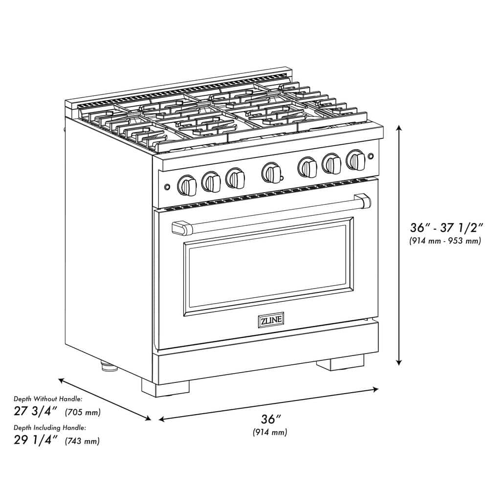 36" Black Stainless Steel Gas Range with Convection Oven and Brass Burners
